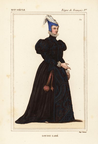Louise Labé, La Belle Cordière, poétesse française 1526-1566. Musicienne, cavalière, archère, escrimeuse et linguiste. Lithographie en couleur d