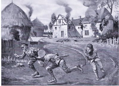 Le sergent Cooper et deux camarades se précipitent sous le feu ennemi après avoir incendié une ferme et plusieurs meules (DCM) (lithographie) - Leslie Mosley