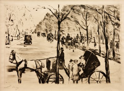 Allée dans le Tiergarten avec une calèche au premier plan - Lesser Ury