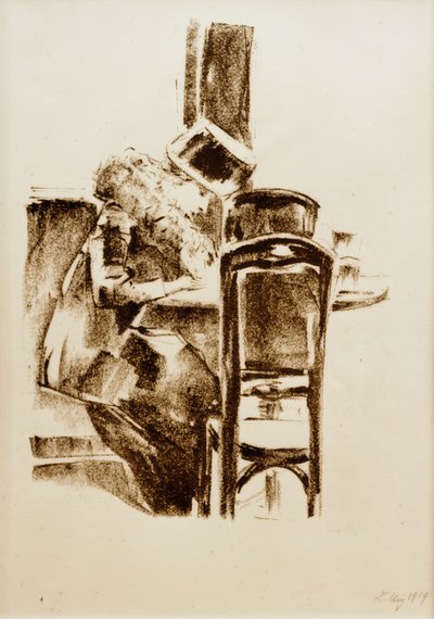 Dame écrivant avec chapeau et boa au café - Lesser Ury