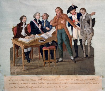 Jeunes hommes réquisitionnés pour la guerre de Vendée (un père montre son fils incapable de servir et prend sa place). Gravure des frères Lesueur (XVIIIe siècle). Paris, Musée Carnavalet - Lesueur Brothers