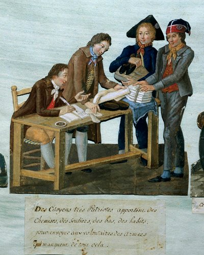 Révolution française : citoyens apportant des chemises, chaussures, bas, vêtements à envoyer aux volontaires. Gravure des frères Lesueur (18e siècle). Paris, Musée Carnavalet - Lesueur Brothers