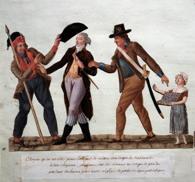 Révolution française : citoyen arrêté pour le forcer à mettre une cocarde nationale sur son chapeau. Gouache des frères Lesueur (18ème siècle). Musée Carnavalet, Paris - Lesueur Brothers