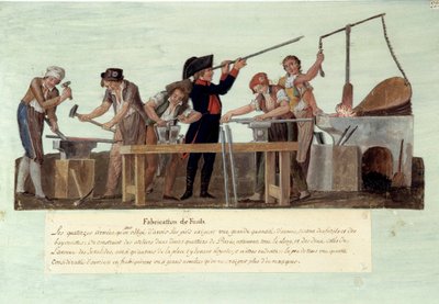 Révolution française de 1789 : fabrication de fusils Les différentes étapes de la fabrication des armes par les forgerons. Gouache des frères Lesueur - Lesueur Brothers