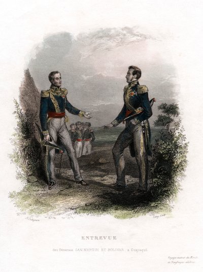 Rencontre entre les généraux San Martin et Bolivar, Guayaquil, Équateur, 1822, 19ème siècle - Levy