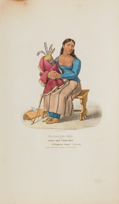 TA-MA-KAKE-TOKE ou la femme qui a parlé la première ; une femme Chippeway (en deuil), tiré du Portfolio autochtone - Lewis, James Otto