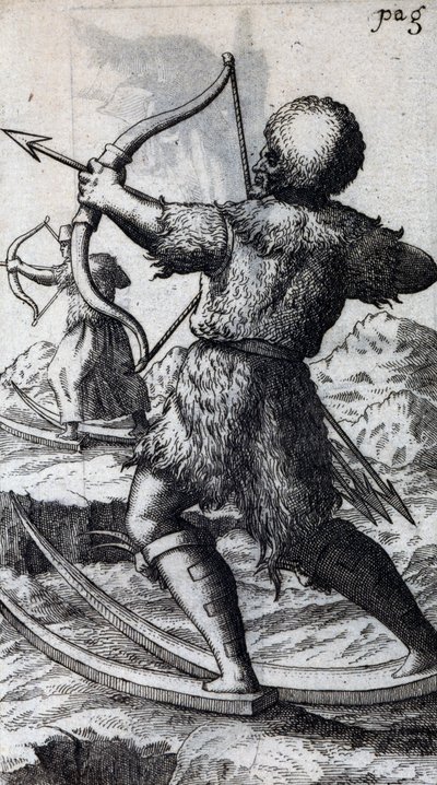 Chasseur avec arc et flèches sur des skis courts, illustration de De Calceo Antiquo, par B Balduinus - Unbekannt Unbekannt