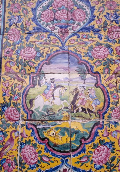 Chasse au lion, décoration en carreaux polychromes sur la façade de la maison Qavam également connue sous le nom de Narenjestan e Ghavam - Unbekannt Unbekannt
