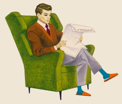 Homme lisant le journal assis dans un fauteuil, dessin - Unbekannt Unbekannt