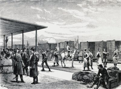 Convoi militaire russe à la gare de Bustiu, sur la ligne de chemin de fer Bucarest-Galati, guerre russo-turque, gravure, Roumanie - Unbekannt Unbekannt
