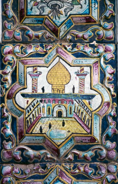 Vue de la mosquée, décorations en carreaux polychromes à Tekyeh Mo
