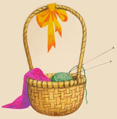 Panier en osier contenant une pelote de laine, des aiguilles et du tricot, dessin - Unbekannt Unbekannt