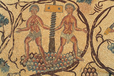 Presse à vin, détail de la mosaïque de sol avec des scènes de la vie quotidienne, Église des Saints Lot et Procope, Nebo, Khirbet al-Mukhayyat, Jordanie, civilisation byzantine, VIe siècle après J.-C. - Unbekannt Unbekannt