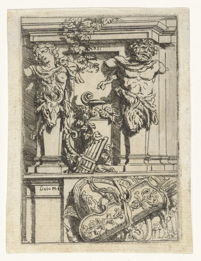 Deux cariatides, une flûte de Pan, un arc et une flèche et un bouclier - Lieven Mehus