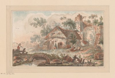 Maison devant une porte de ville délabrée, avec un homme sur un pont au premier plan - Liger (attributed to)