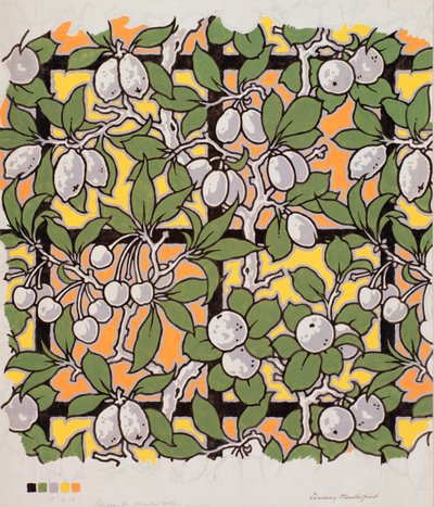 Fruits mélangés sur treillis, design pour coton imprimé, 20e siècle - Lindsay P. Butterfield