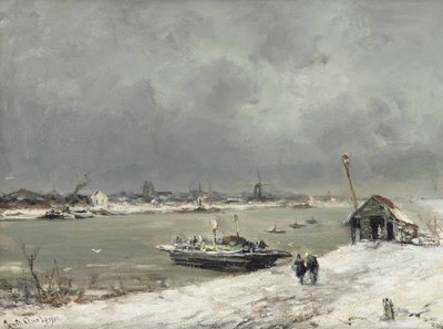 Une traversée en ferry près de Wijk bij Duurstede en hiver - Lodewijk Frederik Hendrik Apol