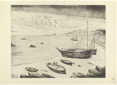 Huit navires amarrés sur une plage - Lodewijk Schelfhout (signed by artist)