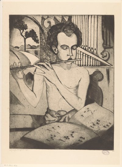 Garçon à moitié nu jouant de la flûte (Le Flûteur) - Lodewijk Schelfhout (signed by artist)