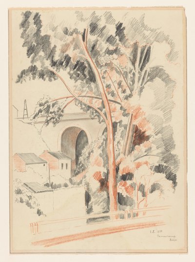 Maisons et arbres sous un viaduc à Remouchamps - Lodewijk Schelfhout (signed by artist)