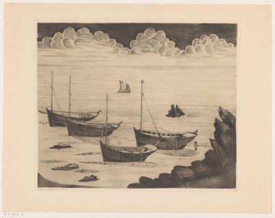 Quatre navires amarrés sur une plage bretonne - Lodewijk Schelfhout (signed by artist)