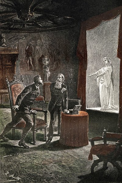 Illustration du roman de Jules Verne "Le château des Carpathes", édition Hetzel/Voyages extraordinaires, écrit entre 1884 et 1889, publié en 1892, dessin de Léon Benett. La Stilla, une chanteuse décédée, apparut à Franz de Telek, grâce à un dispositif conç - Léon Benett