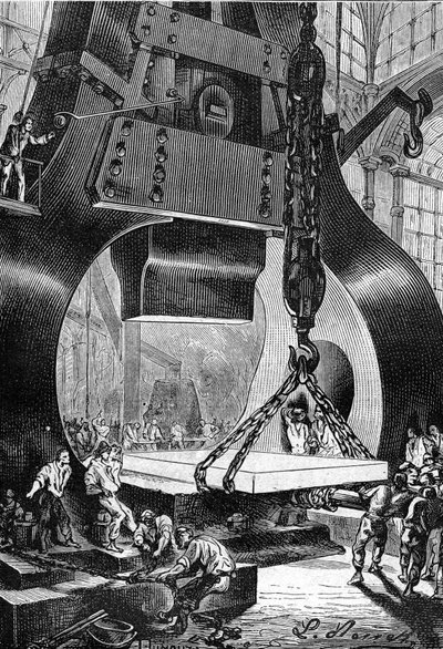 Dessin de Léon Benett, du livre de Jules Verne "Les 500 millions de la Bégum" - édition Hetzel/Voyages Extraordinaires 1879. batteur au marteau au travail dans une aciérie. - Léon Benett
