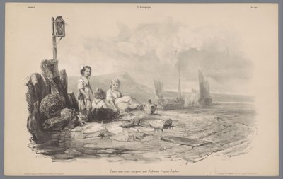Trois enfants jouant dans une baie (série: La Campagne. Études variées aux deux crayons) - Léon Jean Baptiste Sabatier