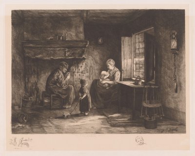 Intérieur de cabane de pêcheur avec un homme, une femme et deux enfants - Léon Richeton
