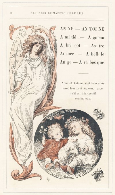 Anne, Antoine, Amitié, Agneau, Abricot, Étoile, Amour, Abeille, Ange, Arabesque, page 14 - Alphabet par Mademoiselle Lili, par L. Froelich et par un père (Hetzel lui-même). Bibliothèque & Magasin d