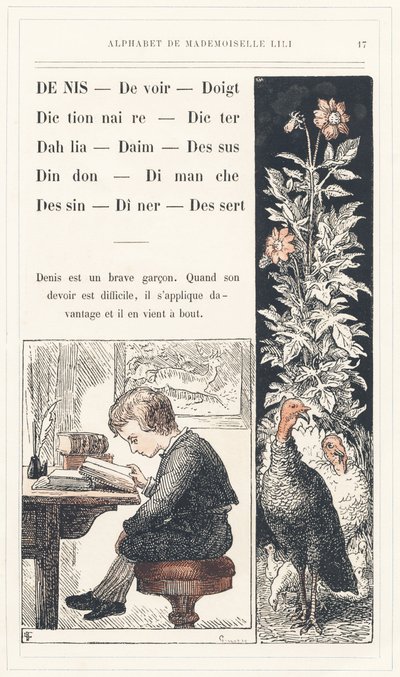 Denis, Devoir, Doigt, Dictionnaire, Dicter, Dahlia, Daim, Sommet, Dinde, Dimanche, Dessin, Dîner, Dessert, page 17 - Alphabet par Mademoiselle Lili, par L. Froelich et par un père (Hetzel lui-même). Bibliothèque & Magasin d