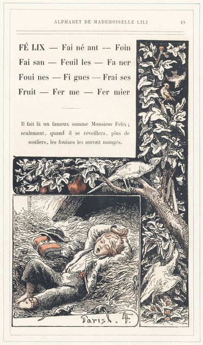 Félix, Coucher, Foin, Faisan, Feuilles, Faner, Belettes, Figues, Fraises, Fruits, Ferme, Fermier, page 19 - Alphabet par Mademoiselle Lili, par L. Froelich et par un père (Hetzel lui-même). Bibliothèque & Magasin d