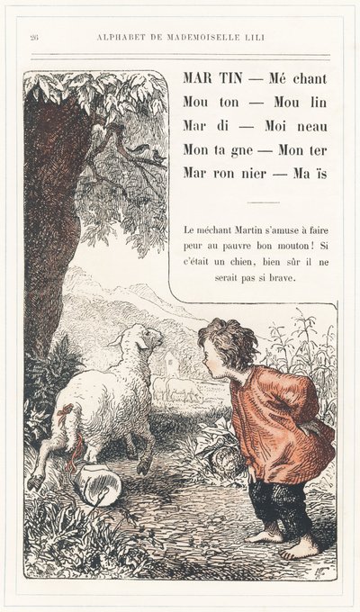 Martin, Méchant, Mouton, Moulin, Mardi, Moineau, Montagne, Lever, Châtaigne, Maïs, page 26 - Alphabet par Mademoiselle Lili, par L. Froelich et par un père (Hetzel lui-même). Bibliothèque & Magasin d
