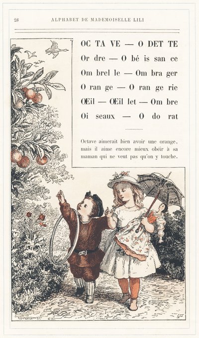 Octave, Odette, Ordre, Obéissance, Parapluie, Ombre, Orange, Orangerie, Œil, Œillet, Ombre, Oiseaux, Odeur, page 28 - Alphabet de Mademoiselle Lili, par L. Froelich et par un papa (Hetzel lui-même). Bibliothèque & Magasin d