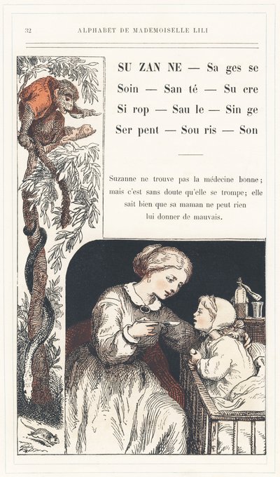 Suzanne, Sagesse, Soin, Santé, Sucre, Sirop, Saule, Singe, Serpent, Souris, Son, page 32 - Alphabet par Mademoiselle Lili, par L. Froelich et par un papa (Hetzel lui-même). Bibliothèque & Magasin d