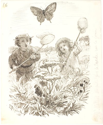 Les deux enfants attrapent des papillons - Lorenz Frølich