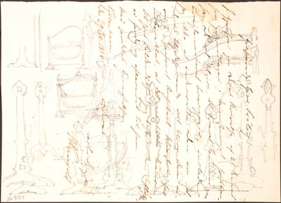 Esquisses de meubles dessinées sur une lettre - Lorenz Frølich