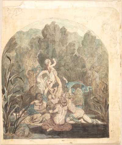 Motif mythologique. Esquisses de paysage, figures de chevaux et profil de visage en marge - Lorenz Frølich