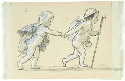 Vignette avec garçon et fille marchant main dans la main - Lorenz Frølich