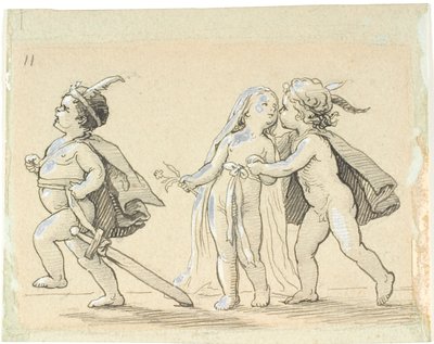 Vignette avec trois enfants; garçon courant et garçon et fille s