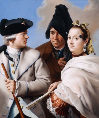 Un gentleman avec un chapeau tricorne tenant une canne, un gentleman avec un bonnet phrygien noir et une jeune femme avec une mouche en robe rouge - Lorenzo Baldissera Tiepolo