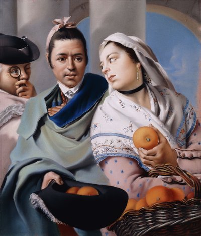 Une fille en robe rose et châle blanc offrant des oranges à un gentleman en cape verte tenant un chapeau tricorne observé par un gentleman avec un monocle - Lorenzo Baldissera Tiepolo