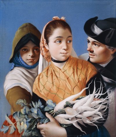 Une fille en châle orange tenant des navets, une fille en bonnet et robe verts et un gentleman en chapeau tricorne noir - Lorenzo Baldissera Tiepolo