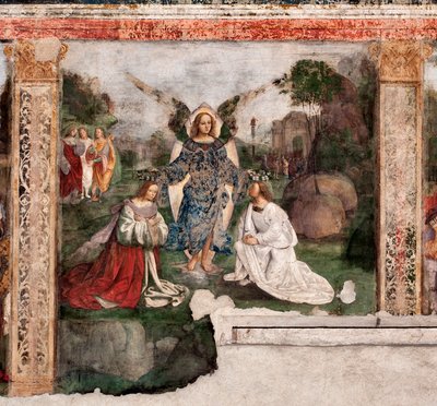 Vie de Sainte Cécile : la sainte et Saint Valérien couronnés par un ange - Lorenzo Costa