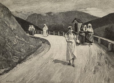 Sur la Voie Sacrée, pèlerine marchant le long du chemin, Brera, Expositions Unies, Milan, Italie, gravure par F Cantagalli d
