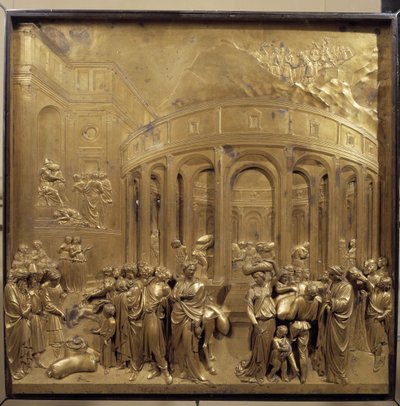 Histoire de la vie de Joseph. La récolte du blé : les paysans apportent les sacs de céréales. Panneau original de la porte du Paradis - Lorenzo Ghiberti