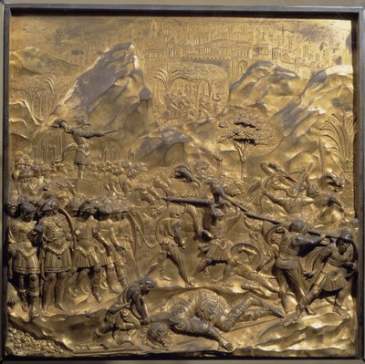 Vie de David et Goliath : une représentation de la bataille entre les Israélites et les Philistins et la décapitation du géant Goliath dans la vallée d