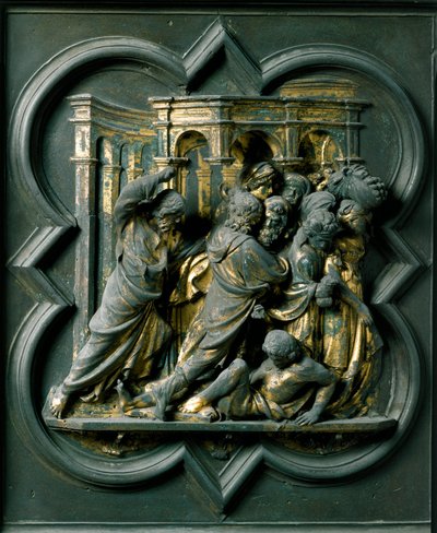 Porte Nord (appelée Porte de la Croix, au Nord), détail extérieur : Jésus chassant les marchands du Temple (détail) - Lorenzo Ghiberti