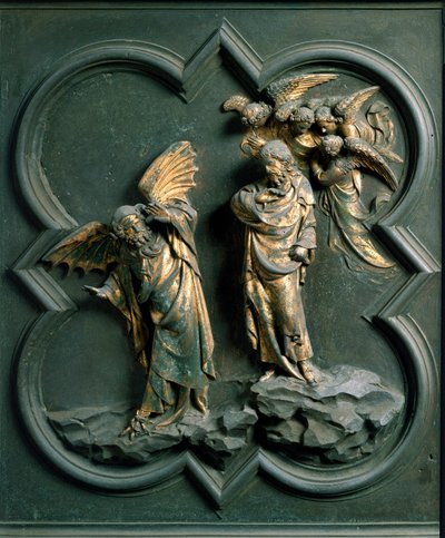Porte Nord (appelée Porte de la Croix, au Nord), détail extérieur : « la tentation du Christ » sculpture en bronze réalisée par Lorenzo Ghiberti - Lorenzo Ghiberti