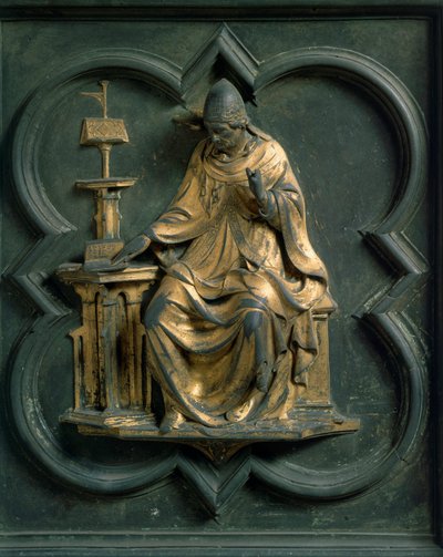Porte Nord (appelée Porte de la Croix, nord), détail extérieur : Saint Grégoire le Grand. Sculpture en bronze réalisée par Lorenzo Ghiberti (1378-1455) - Lorenzo Ghiberti